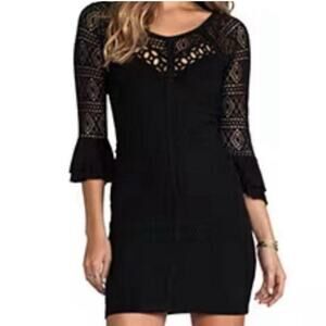FREE PEOPLE DRESS BODYCON BLACK CROCHET DRESS 3/4 BELL SLEEVES Sz M AESTHETIC
